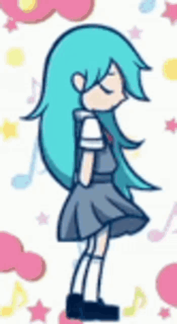 a cartoon girl with long blue hair is standing with her eyes closed in front of musical notes .
