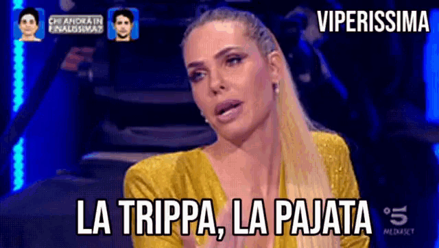 a woman in a yellow dress says la trippa la pajota