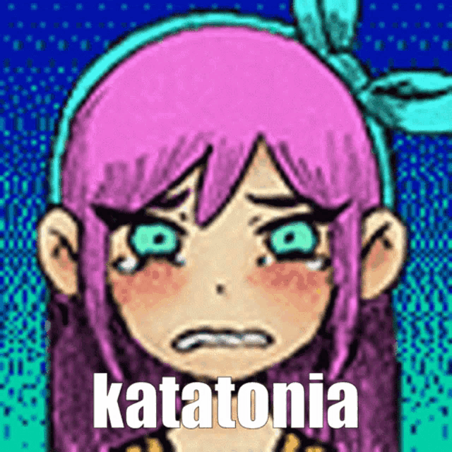 a cartoon girl with pink hair and green eyes is crying with katatonia written below her