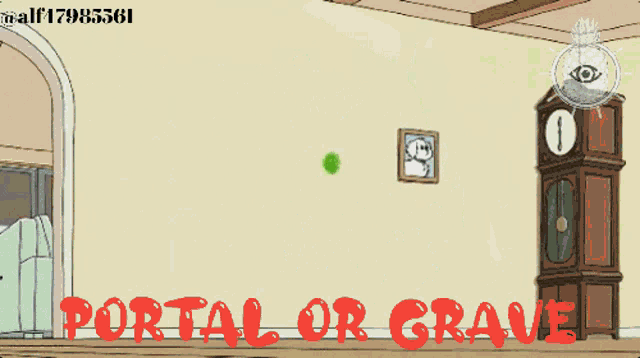 a cartoon drawing of a portal or grave with a clock in the background