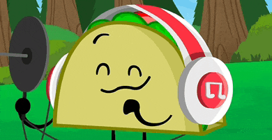 a taco wearing headphones and holding a microphone with the letter l on it