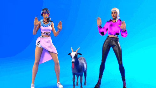 two women and a goat are dancing together on a blue screen