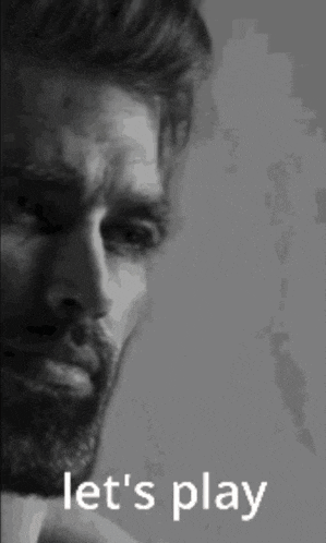 a black and white photo of a man with the words let 's play on the bottom