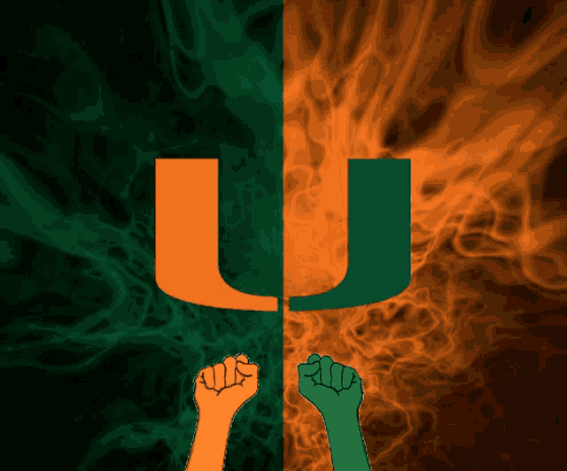 a fist is raised in front of the letter u on a green and orange background