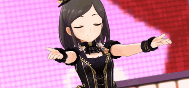a girl in a black dress is dancing with her arms outstretched in front of a pink background .