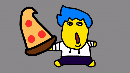 a cartoon character holding a slice of pizza