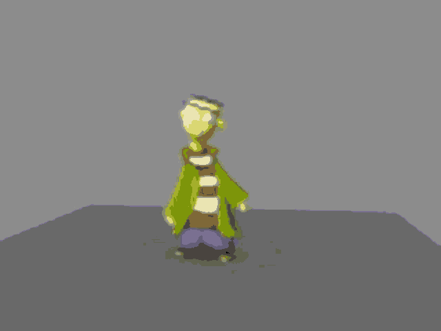 a cartoon character is standing on a gray surface in a room .