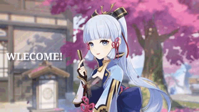 a girl with blue hair is standing in front of a cherry blossom tree and holding a sword .