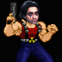 a pixel art of a man holding a gun in his right hand