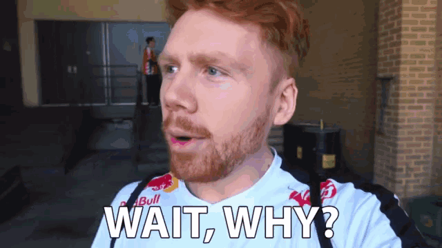 a man with red hair and a beard wearing a white shirt that says wait why