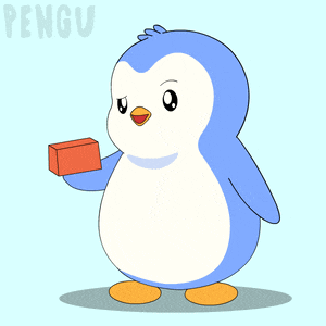 a blue and white penguin with a red block on its head and the word pengu on the bottom