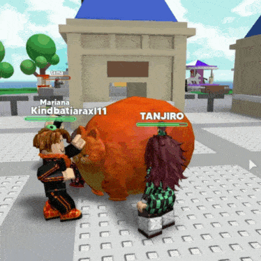 a video game character named tanjiro is standing next to another character