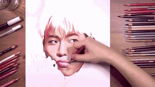 a person is drawing a man 's face with a pencil that says prismacolor on it