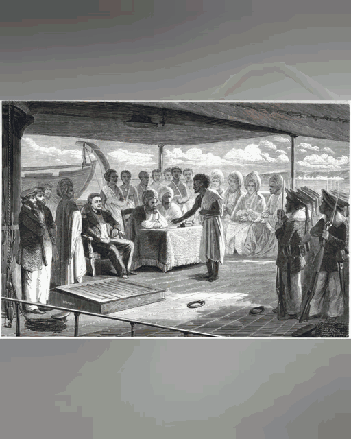 a black and white painting of a group of people standing around a table