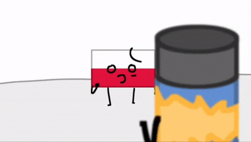 a cartoon drawing of a can of soup with a red and white flag behind it