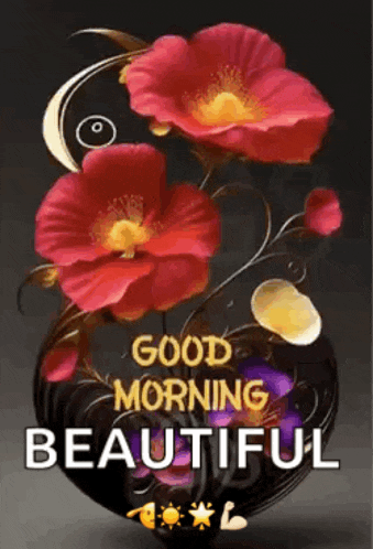 a good morning beautiful greeting card with red flowers in a vase
