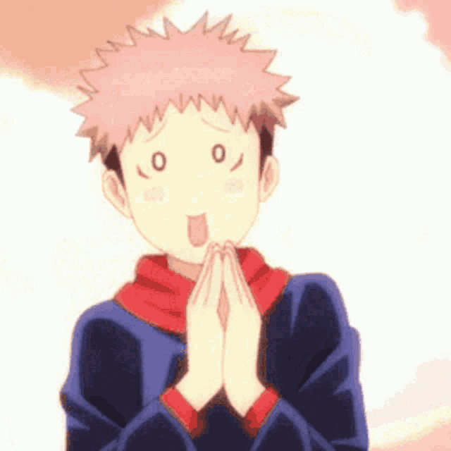 a young boy with pink hair is praying with his hands folded .