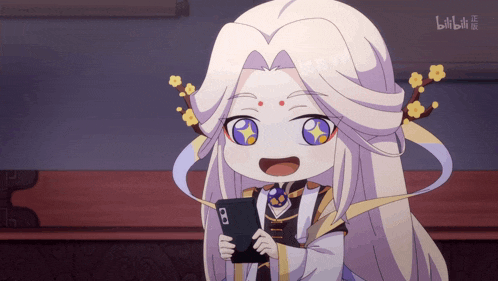 a cartoon character with long white hair is holding a cell phone