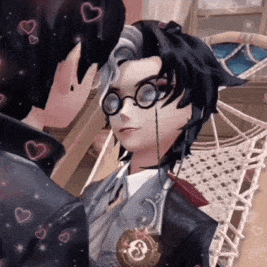 a couple of anime characters looking at each other with hearts surrounding them