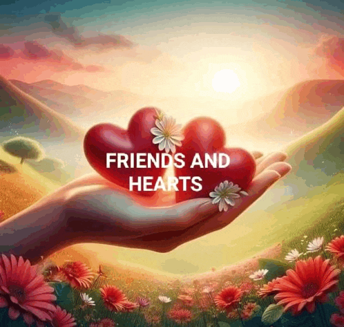 a hand is holding two hearts with the words friends and hearts written on it