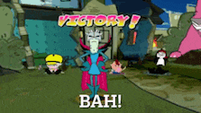a cartoon character is standing in front of a building that says victory bah