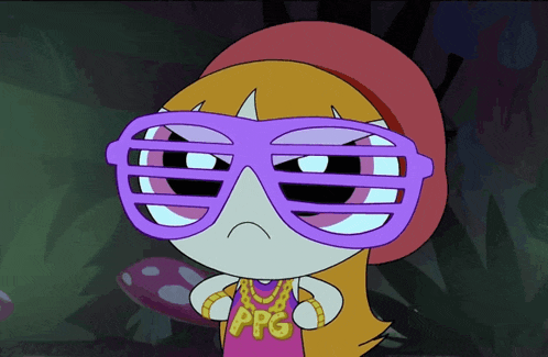 a cartoon character with purple glasses and a shirt that says ppg on it