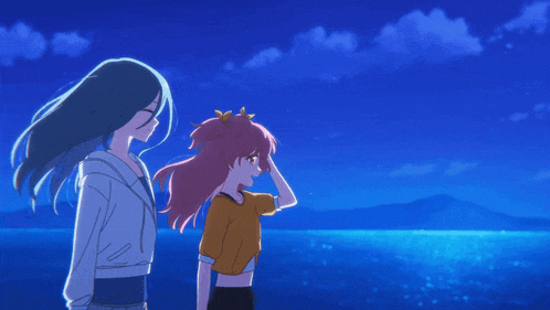 two anime girls are standing next to each other in front of a body of water