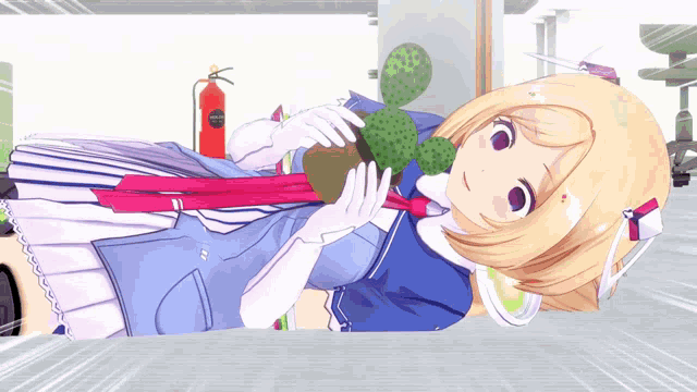 a girl in a blue and white dress is holding a cactus