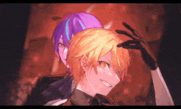 a couple of anime characters are standing next to each other . one of the characters has purple hair and the other has yellow hair .