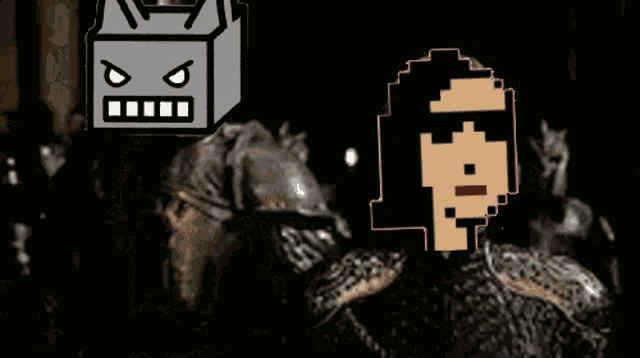 a pixel art of a man standing next to a horse with an angry face