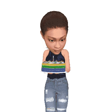 a cartoon girl holding a birthday cake with candles