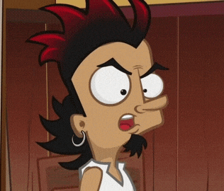 a cartoon character with a mohawk and earrings is making a funny face