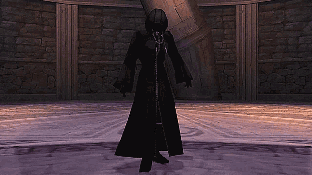 a person in a black coat is standing in front of a stone wall