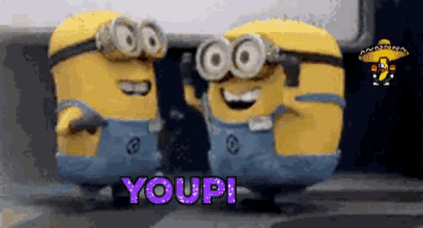 a couple of minions standing next to each other with the word youpi in the corner