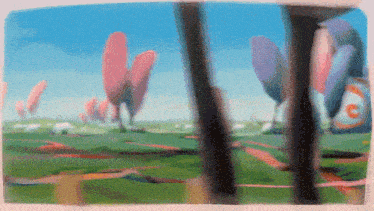 a painting of a landscape with trees and flowers with a blue sky