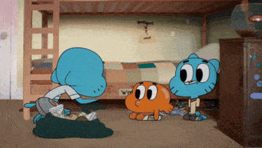 a cartoon of gumball and darwin in a bedroom with a poster on the wall that says " eeeque "