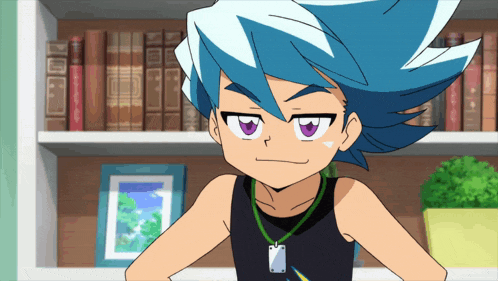 a cartoon character with blue hair and purple eyes stands in front of a bookshelf