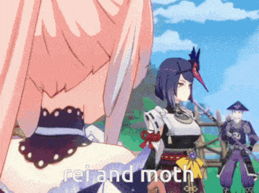 a video game character says rei and moth in front of her