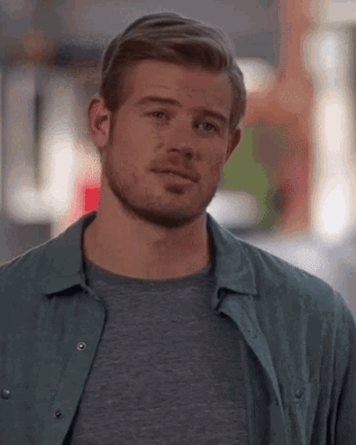 a man with a beard is wearing a green shirt and grey shirt