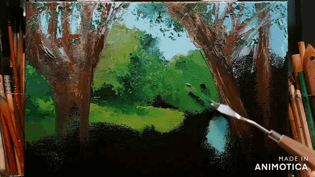 a painting of trees is being painted with a made in animatica logo