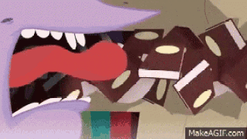 a cartoon character is eating a bunch of dice with his mouth open .