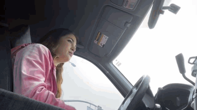 a woman sitting in a car with a sticker on the sun visor that says ' warning '