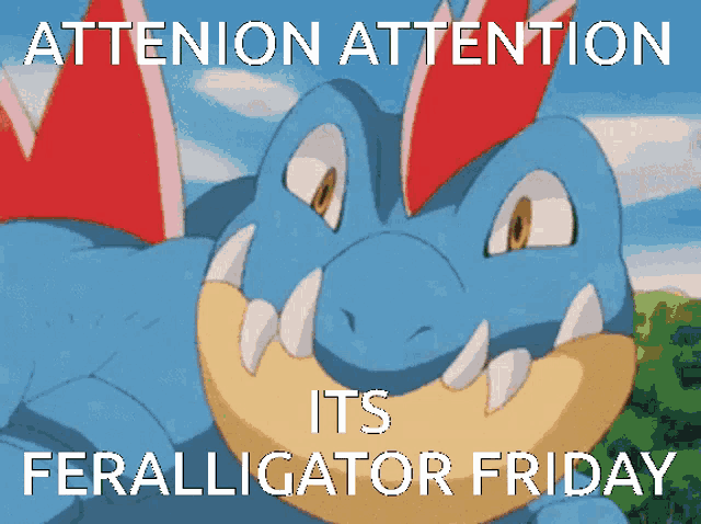a picture of a pokemon with the words attention attention its feralligator friday below it