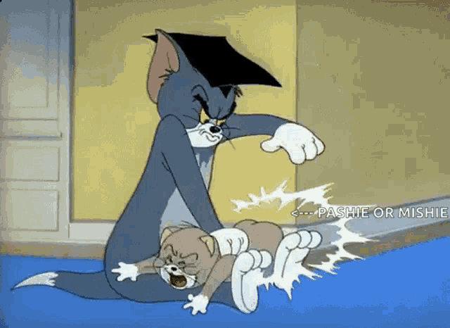 a cartoon of tom and jerry with the words " pashie or mishie "