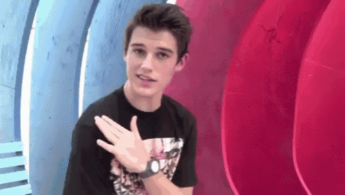 a young man wearing a black shirt and a watch is standing in front of a red wall .