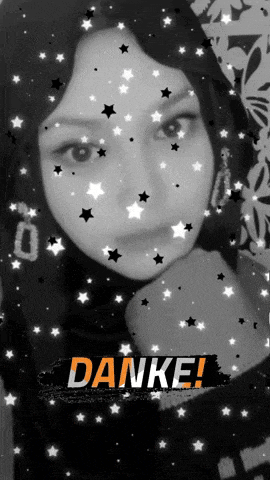 a black and white photo of a woman with the word danke in orange letters