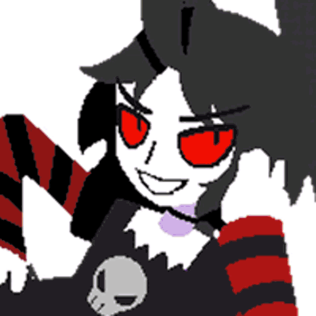 a cartoon character with red eyes and a skull on her shirt