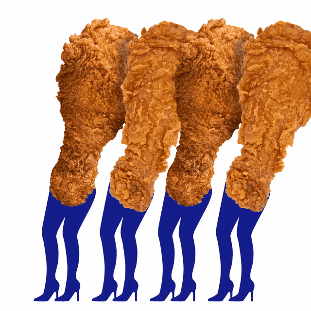 a row of fried chicken legs with blue tights