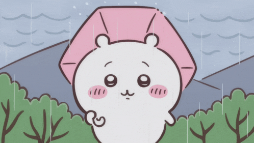 a cartoon of a bear with a pink umbrella on its head