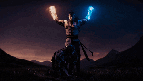 a man with a sword is holding a torch in the air
